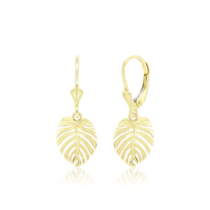 Gold Monstera Leverback Earrings - 14K Yellow Gold Hawaiian Jewelry