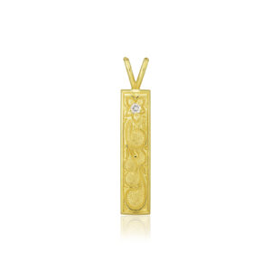 Plumeria Scroll Vertical Bar Pendant - 14K Yellow Gold Hawaiian Jewelry