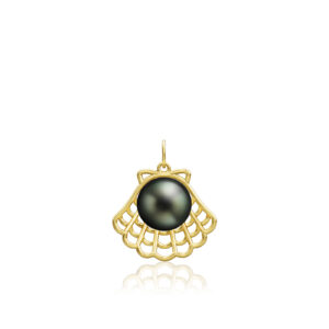 Gold Shell Pendant with Tahitian Black Pearl - 14K Yellow Gold Hawaiian Jewelry