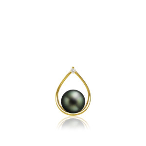Gold Diamond Teardrop Pendant with Tahitian Black Pearl - 14K Yellow Gold Hawaiian Jewelry
