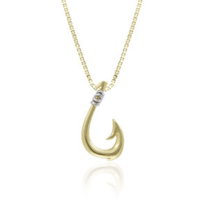 Fishhook Two Tone Gold Pendant - 14K Yellow Gold Pendants Hawaiian Jewelry