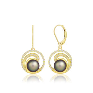 Lustrous Diamond Wave Tahitian Peacock Pearl Earrings 15mm - 14K Yellow Gold Hawaiian Jewelry