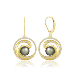 Lustrous Diamond Wave Tahitian Peacock Pearl Earrings 20mm - 14K Yellow Gold Hawaiian Jewelry