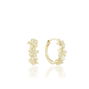 Plumeria Huggie Earrings with White Diamonds - 14K Rose Gold Hawaiian Jewelry