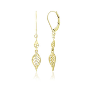 Diamond Maile Leaf Dangle Leverback Earrings - 14K Yellow Gold Hawaiian Jewelry