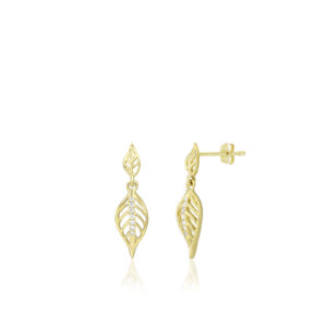 Diamond Maile Leaf Dangle Post Earrings - 14K Yellow Gold Hawaiian Jewelry