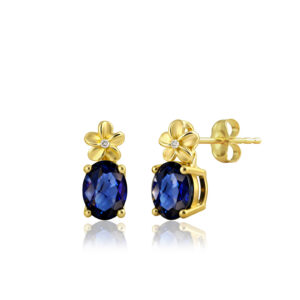 Diamond Plumeria Post Earrings with Oval Sapphire