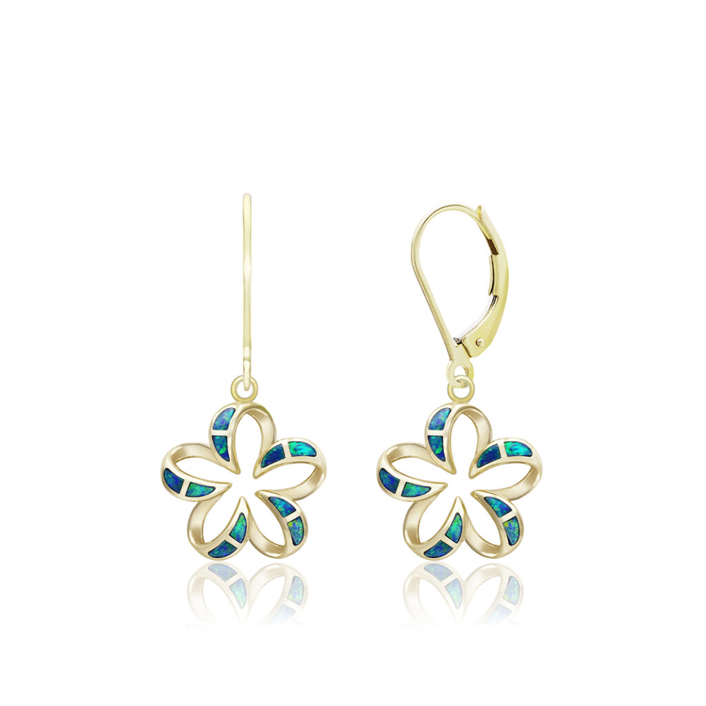 Plumeria Contour Blue Opal Earrings 13mm - 14K Yellow Gold Hawaiian Jewelry