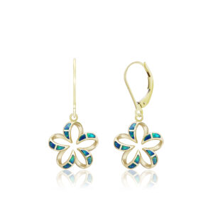 Plumeria Contour Blue Opal Earrings 13mm - 14K Yellow Gold Hawaiian Jewelry