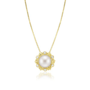 White Freshwater Pearl Plumeria Pendant with Diamonds - 14K Yellow Gold Hawaiian Jewelry