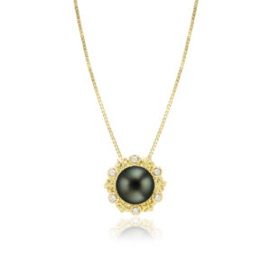 Tahitian Pearl Plumeria Pendant with Diamonds - 14K Yellow Gold Hawaiian Jewelry