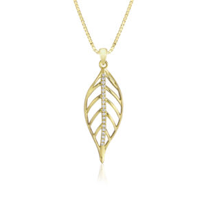 Diamond Maile Leaf Pendant 29mm - 14K Yellow Gold Hawaiian Jewelry