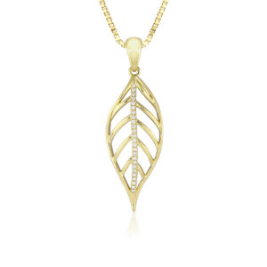 Diamond Maile Leaf Pendant 39mm - 14K Yellow Gold Hawaiian Jewelry