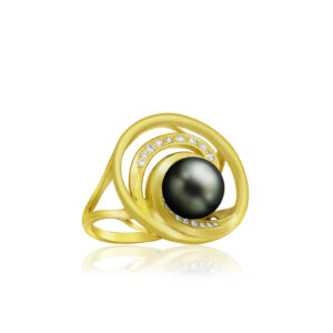 Lustrous Diamond Wave Pearl Ring Yellow Gold 0.09ct - 14K Yellow Gold Rings Hawaiian Jewelry