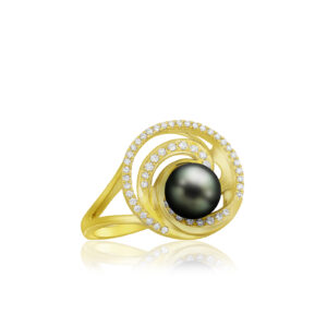 Deluxe Lustrous Diamond Wave Pearl Ring Yellow Gold 0.17ct - 14K Yellow Gold Rings Hawaiian Jewelry