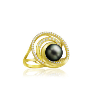 Deluxe Lustrous Diamond Wave Pearl Ring Yellow Gold 0.24ct - 14K Yellow Gold Rings Hawaiian Jewelry