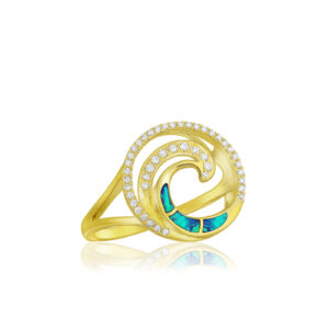 Deluxe Blue Opal Lustrous Diamond Wave Ring 15mm - 14K Rose Gold Rings Hawaiian Jewelry