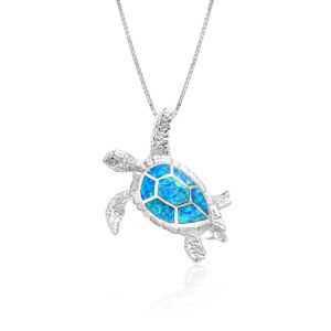 Turtle Sterling Silver Pendant with Blue Opal 40mm - Turtle Hawaiian Jewelry