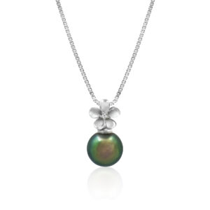 Sterling Silver Plumeria Tahitian Peacock Pearl Diamond Pendant - Diamond Hawaiian Jewelry