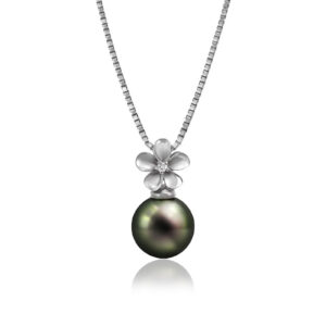 Sterling Silver Plumeria Tahitian Peacock Pearl Diamond Pendant