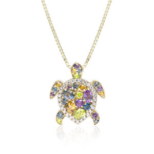 Turtle Pendant with Diamonds and Semi Precious Stones - 14K Rose Gold Hawaiian Jewelry