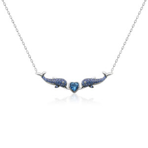 Double Dolphin Heart Pendant with Adjustable Chain - 14K White Gold Hawaiian Jewelry