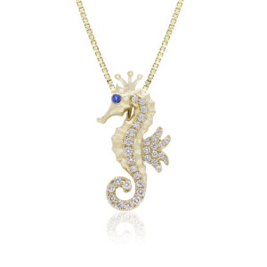 Gold Diamond Blue Sapphire Eye Seahorse Pendant