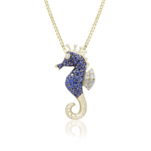 Gold Tail Blue Sapphire Seahorse Diamond Pendant - 14K Yellow Gold Hawaiian Jewelry
