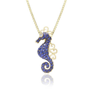 Gold Curls Blue Sapphire Seahorse Pendant - 14K Yellow Gold Hawaiian Jewelry