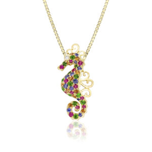 Gold Curls Multi Sapphire Seahorse Pendant - 14K Yellow Gold Hawaiian Jewelry