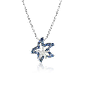 Blue Sapphire Mother and Baby Outline Pendant - 14K White Gold Hawaiian Jewelry