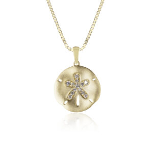 Small Gold White Diamond Sanddollar Pendant - 14K Yellow Gold Hawaiian Jewelry