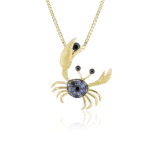 Gold Blue and Black Sapphire Crab Pendant - 14K Yellow Gold Hawaiian Jewelry