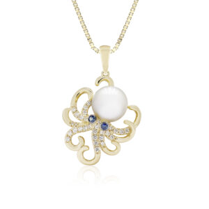 Freshwater Pearl Octopus Diamond Pendant 0.22ct - 14K Yellow Gold Hawaiian Jewelry