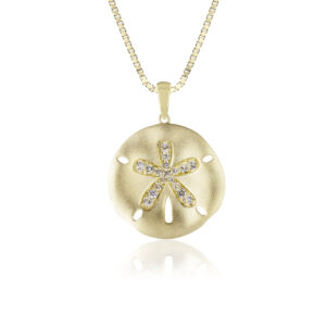 Large Gold White Diamond Sanddollar Pendant - 14K Yellow Gold Hawaiian Jewelry