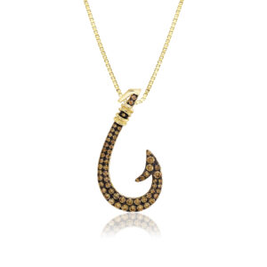 Gold Fishook Pendant with Koa Diamonds - 14K Yellow Gold Hawaiian Jewelry