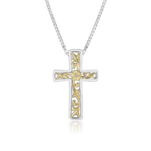 Two Tone Cross Pendant with Diamond Flower Center - Classic Hawaiian Hawaiian Jewelry