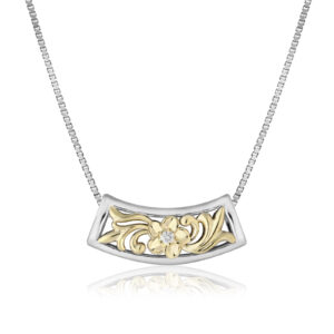 Two Tone Plumeria Scroll Horizontal Pendant with Diamond Flower - Classic Hawaiian Hawaiian Jewelry