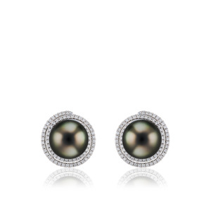 14K White Gold Diamond Halo Pearl Earrings