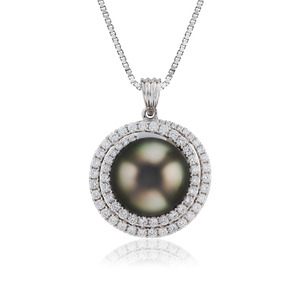 14K White Gold Diamond Halo Pearl Pendant - 14K White Gold Hawaiian Jewelry