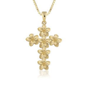 Plumeria Cross Pendant - 14K Yellow Gold Hawaiian Jewelry