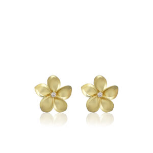 Queen Plumeria Diamond Stud Earrings 13mm - 14K Yellow Gold Hawaiian Jewelry