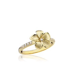 Deluxe Diamond Plumeria Ring - 14K Yellow Gold Hawaiian Jewelry
