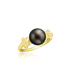 Tahitian Pearl Ring with Diamond Plumerias - 14K Yellow Gold Hawaiian Jewelry