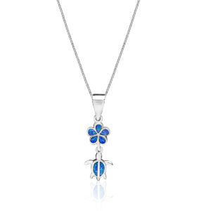 Turtle Plumeria Blue Opal Pendant - Pendants Hawaiian Jewelry