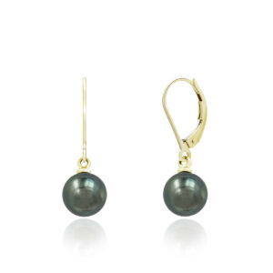 Tahitian Black Pearl Leverback Earrings 8mm - 14K White Gold Hawaiian Jewelry