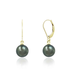Tahitian Black Pearl Leverback Earrings 9mm - 14K White Gold Hawaiian Jewelry