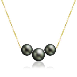 Three Tahitian Black Pearl Floater Necklace - 14K Yellow Gold Hawaiian Jewelry