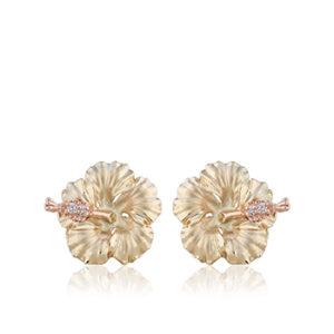 Hibiscus Earrings Diamond 0.04ct - 14K Yellow Gold Hawaiian Jewelry