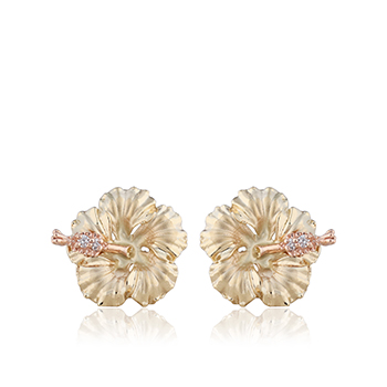 Hibiscus Earrings Diamond 0.04ct - 14K Yellow Gold Hawaiian Jewelry